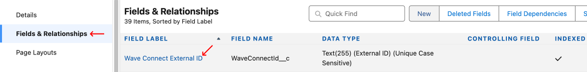 Check For Wave Connect External Id Under Fields and RElationships